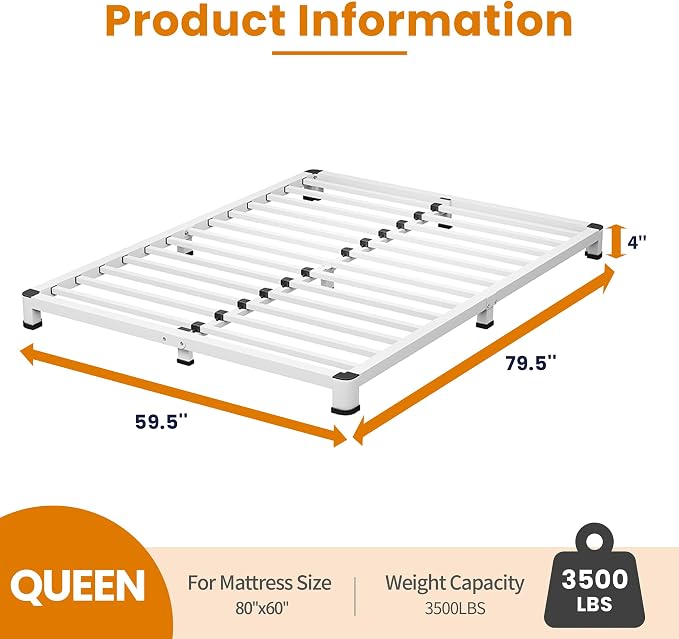 NKZ Queen Platform Bed Frame 4 Inch, Heavy Duty Metal Low Profile Bed Frame with Round Corner Legs, 3500lbs Weight Capacity Reinforced Frame, No Box Spring Needed，Noise-Free, Easy Assembly
