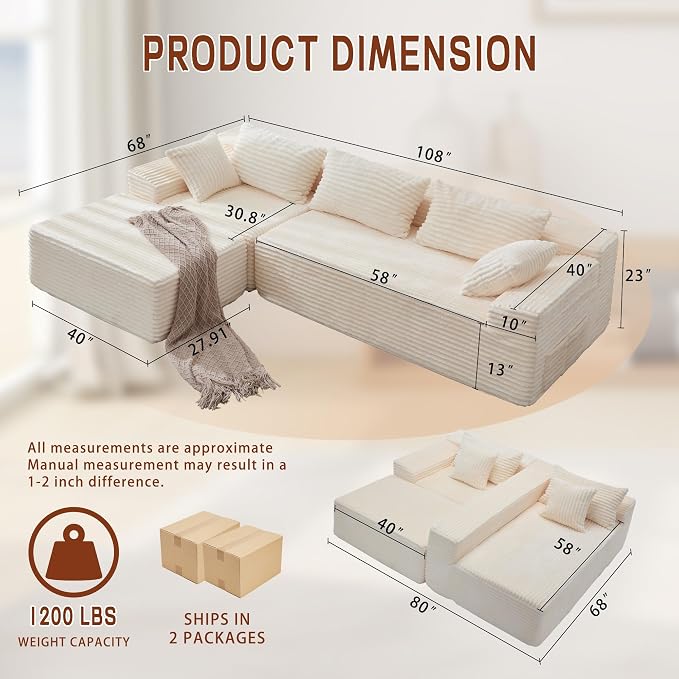 Korser 108" L-Shaped Modular Sectional Sofa with Chaise, Boneless Comfy Corduroy Fluffy Couch with Deep Seat and Side Pockets, Flexible Module Combination for Living Room, No Assembly, Side Pockets