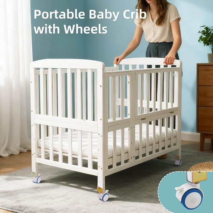 Flwrgirl Mini Baby Crib with Mattress,Portable Bedside Sleeper & Bassinet,5 Adjustable Heights,Wood Nursery Crib with Locking Wheels,Compact Baby Bed for Newborns & Infants,White