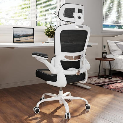 TRALT Ergonomic Office Chair - Desk Chair with Adjustable Headrest Lumbar Support Computer Chair - Mesh Comfy Chair with Flip-up Armrests - Gaming Chairs for Adults Home Office (Leather, Black White)