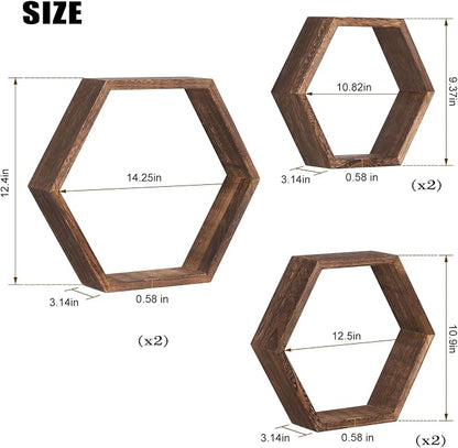 NOVIMANGO Hexagon Floating Shelves Set of 6 Honeycomb Shelves for Wall Wood Farmhouse Storage Home Decor Shelf Wall Mounted Wooden Hexagonal Shelves for Bedroom Living Room Nursery, Rustic Brown