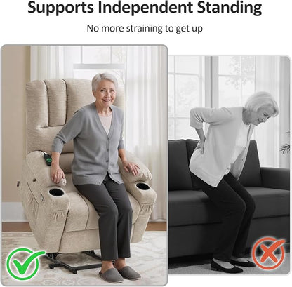 MCombo Power Lift Recliner Chair for Elderly, Lift Chair with Heat and Massage, USB &Type C Ports, Cup Holders, Fabric 7095 (Medium, Beige)