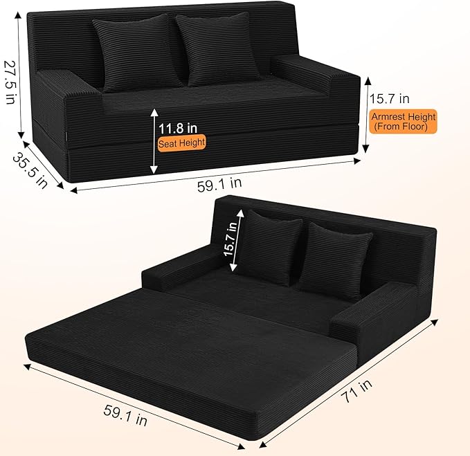 MeMoreCool Folding Sofa Bed Boneless Couch, 59" Loveseat Convertible Futon, Corduroy Foldable 2-in-1 Floor Sleeper for Small Living Room, Apartment, Guest Room, Foam Support & Washable Cover, Black
