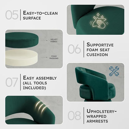 Lexicon 360 Degree Swivel Accent Chair, Modern Comfy Velvet Round Barrel Chair, Open Back, Plush Foam Cushions, Metal Swivel Base for Living Room/Bedroom/Office/Small Spaces, Green