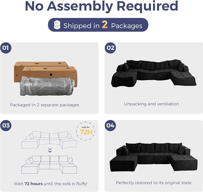 MAXYOYO 129.5" Modular Sectional Sofa Couch, U Shaped Modern Cloud Couch with 2 Ottomans, Sofa in A Box, Tufted 6-Seat Boneless Chair for Living Room, No Assembly Required, Black
