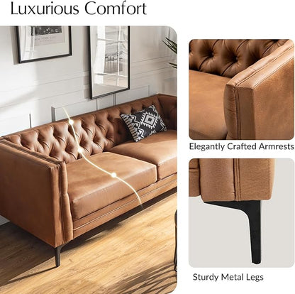 HULALA HOME 84" W Faux Leather Sofa Couch with Metal Legs, Button-Tufted 3-Seater Sofa, Mid Century Modern Upholstered Couch for Living Room, Entertainment Area, Apartment,Camel