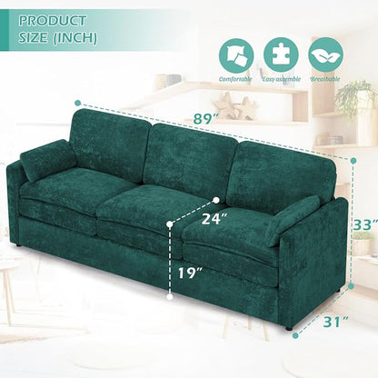 3 Pieces Chenille Sofa Set w/Arm Pillows, Upholstered Loveseat & 2 Pieces 3 Seater Sofa w/Comfortable Back Cushions, Modern 2-Seat & 3-Seat w/High-Density Foam for Living Room, Teal