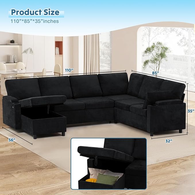 110" Chenille Sectional Sofa w/Pull Out Bed & Storage Chaise, Black | Reversible U Shape Sofa w/Storage Armrests & Cup Holders, Corner Couch w/USB Charging Port & Throw Pillows for Living Room