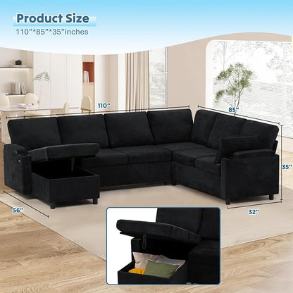110" Chenille Sectional Sofa w/Pull Out Bed & Storage Chaise, Black | Reversible U Shape Sofa w/Storage Armrests & Cup Holders, Corner Couch w/USB Charging Port & Throw Pillows for Living Room