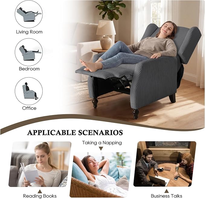 Upholstered Wingback Recliner Chair, Cozy Corduroy Manual Push Back Recliner for Living Room, Bedroom (1, Gray)