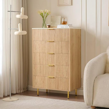 Fluted 5 Drawers Dresser for Bedroom with Faux Marble Top and Gold Handle, 48" Tall 30" Wide Wooden Chest of Drawers, Modern Closet Storage Organizer Dressers for Living Room, Hallway,Oak