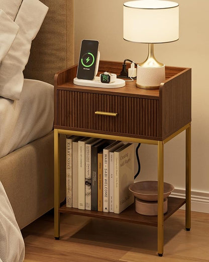Nightstand with Charging Station, 3-Tier Bed Side Table, Small End Table, Night Stand with Open Shelf and Drawer, Bedside Table for Bedroom, Living Room, Walnut