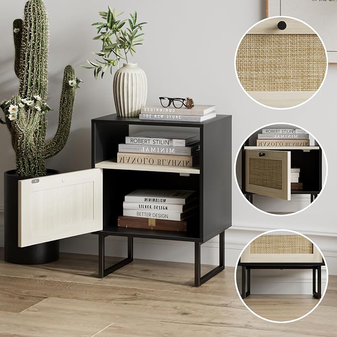 Masupu Boho Night Stand, Small Rattan Side Table, Wood Nightstand with Drawer and White Oak Shelf, Bedside Table, End Table for Bedroom,Living Room,Office (Black Frame)