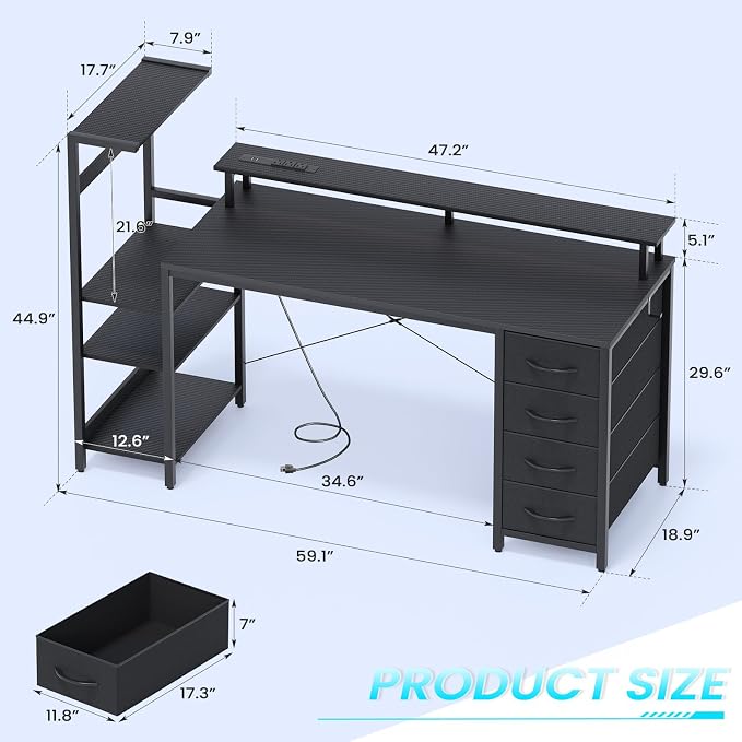 59 Inch Gaming Desk with Power Outlet and LED Lights, Computer Desk with 4 Drawers & Storage Shelves, Reversible Home Office Desk with Monitor Stand for Small Space Bedroom, Carbon Fiber Black