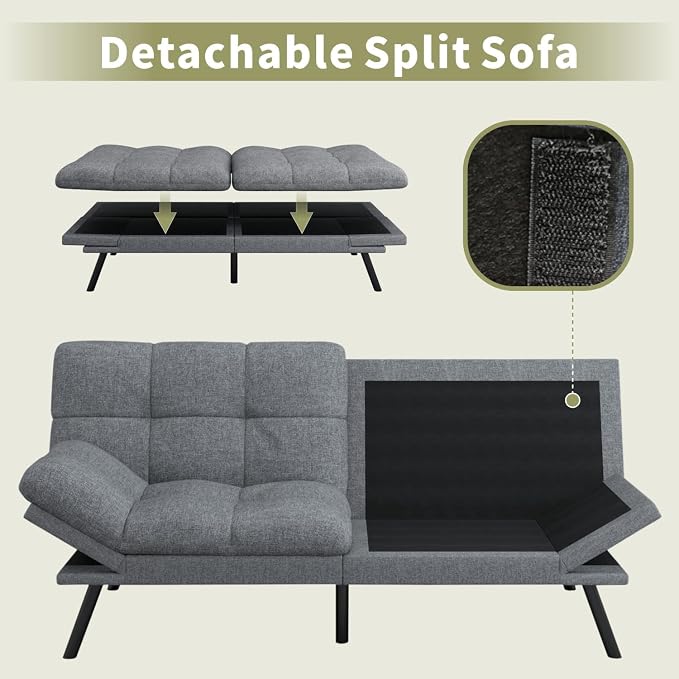 Vipbear 71" Futon Sofa Bed - Convertible Sofa Beds/Adjustable Backrest & Armrest,Detachable Cushion, Loveseat Sleeper for Small Spaces, Apartments & Offices, Silver Grey Futons