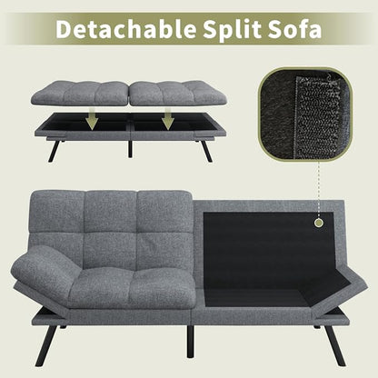 Vipbear 71" Futon Sofa Bed - Convertible Sofa Beds/Adjustable Backrest & Armrest,Detachable Cushion, Loveseat Sleeper for Small Spaces, Apartments & Offices, Silver Grey Futons