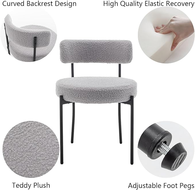 Cinxzar Boucle Dining Chairs Set of 4, Upholstered Dining Room Chairs with Black Metal Legs, Round Modern Dining Chair for Dining Room, Kitchen (Light Grey)