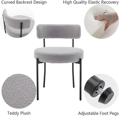 Cinxzar Boucle Dining Chairs Set of 4, Upholstered Dining Room Chairs with Black Metal Legs, Round Modern Dining Chair for Dining Room, Kitchen (Light Grey)