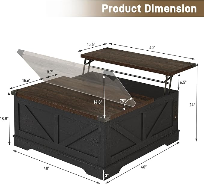 Hlivelood 40” Large Farmhouse Lift Top Coffee Table with Power Outlets and Large Hidden Storage, Square Wood Living Room Tables, Multi-Function Lift Wooden Barn Door Center Table, Black
