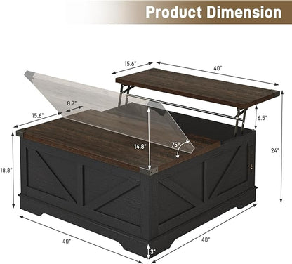 Hlivelood 40” Large Farmhouse Lift Top Coffee Table with Power Outlets and Large Hidden Storage, Square Wood Living Room Tables, Multi-Function Lift Wooden Barn Door Center Table, Black
