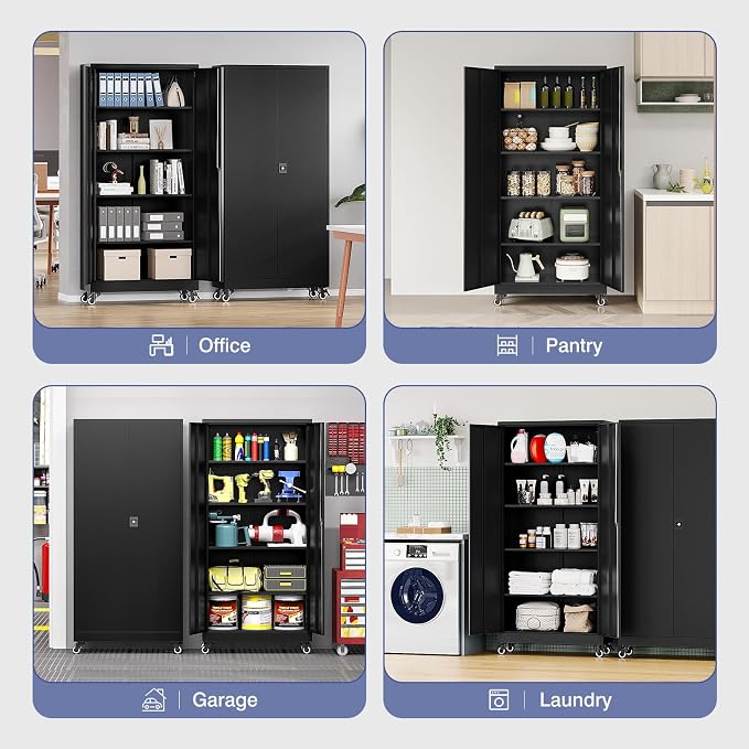 Metal Garage Cabinet with Wheels, 74.5" Tall Lockable Storage Cabinet with 4 Adjustable Shelves and 2 Doors, Tool Cabinet for Garage Home Office,Gym,School(Black)