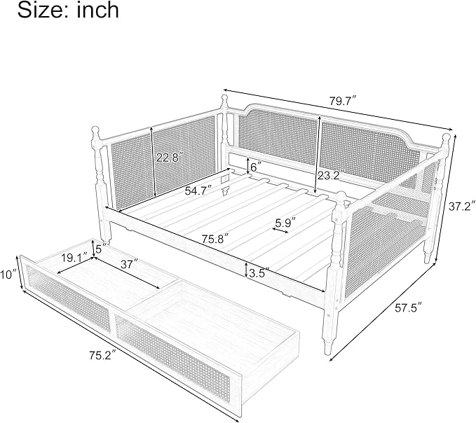 Merax Full Bedframe with 2 Storage Drawers & Footboard, Vintage Wooden Daybed Platform Bed with Natural Rattan Headboard, Noise-Free, No Box Spring Needed, Antique Walnut