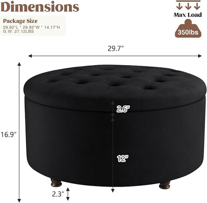 30 Inch Round Storage Ottoman,Modern Tufted Ottomans,Circular Coffee Table with Removable Top,Upholstered Large Ottoman with Storage Footrest Stool for Bedroom Living Room (Black)
