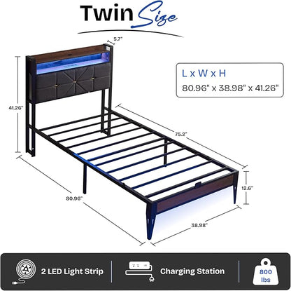 Twin Size Bed Frame with Headboard, Upholstered Platform Bed Frame with Charging Station, Dual LED Light Strips, 2-Tier Storage Shelves, Heavy Duty Metal frame, Noise-Free, No Box Spring Needed, Black