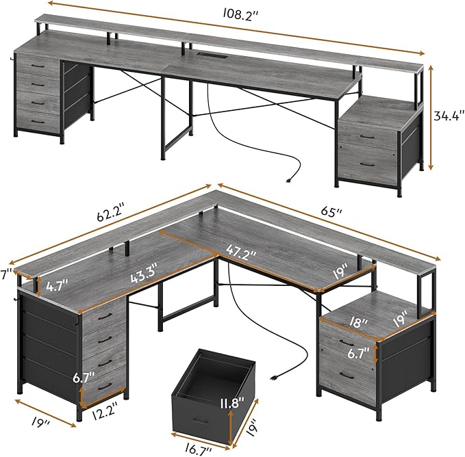 SEDETA L Shaped Desk with 6 Drawer, 108" Home Office Desk with File Drawer & Power Outlet, Corner Computer Desk with Monitor Shelf, Two Person Desk, Gaming Desk with Led Lights, Grey