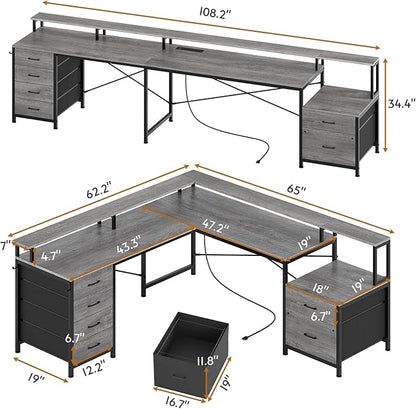 SEDETA L Shaped Desk with 6 Drawer, 108" Home Office Desk with File Drawer & Power Outlet, Corner Computer Desk with Monitor Shelf, Two Person Desk, Gaming Desk with Led Lights, Grey