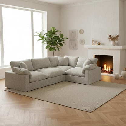 Modular Sectional Sofa, 4 Seater Cloud Couch,Down Filled Comfy Cloud Modern Sofa,Light Beige Linen Oversized Couch Cushion Covers Removable for Living Room