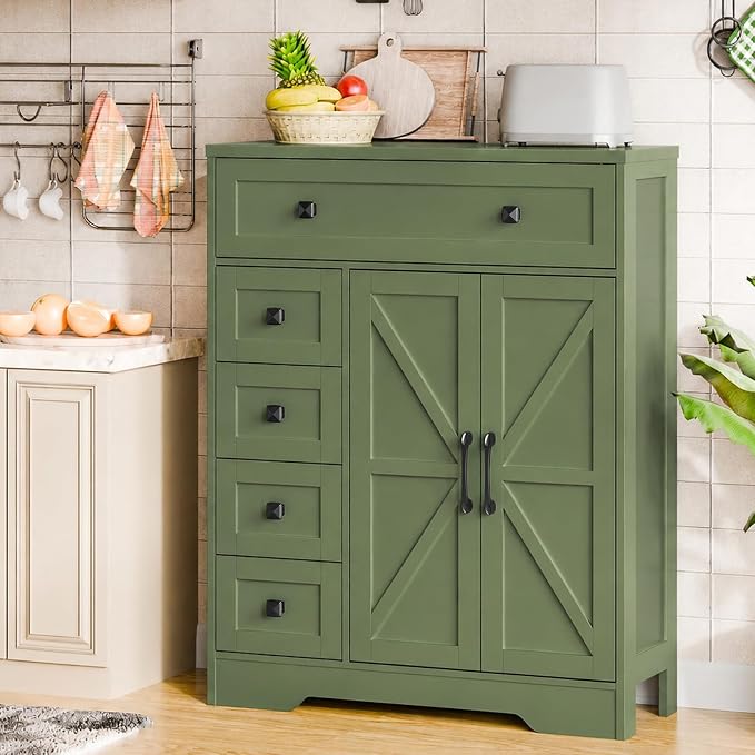 Vabches Farmhouse Storage Cabinet with 2 Doors and 5 Drawers, Freestanding Bathroom Cabinets Kitchen Pantry, Floor Storage Cabinet Hutch Cupboard for Living Room/Bathroom/Kitchen. Green