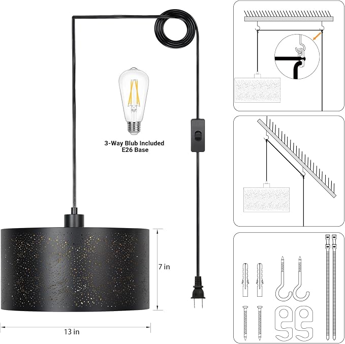 Qingmiao Plug in Pendant Light, Hanging Lamp Plug in with LED Bulb, 3-Way Dimmable Hanging Light Fixture for Living Room Bedroom Kitchen Ceiling Farmhouse Home Decor