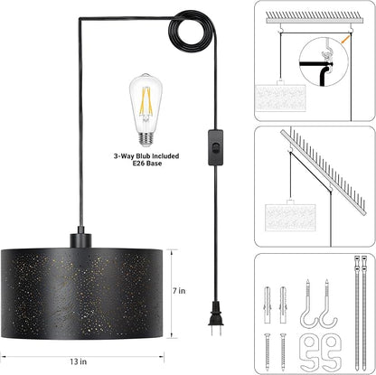 Qingmiao Plug in Pendant Light, Hanging Lamp Plug in with LED Bulb, 3-Way Dimmable Hanging Light Fixture for Living Room Bedroom Kitchen Ceiling Farmhouse Home Decor