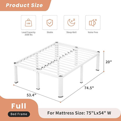 VIPSHOW 20 Inch White Full Heavy Duty 3500 lbs Bed Frame with Round-Corner Legs & Anti-Squeak Design – Quick Assembly Metal Platform, No Box Spring Needed