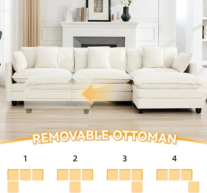 111'' Sectional Cloud Deep Seat Couch, Modern Comfy Chenille L Shaped Sectional Sofa for Living Room Set, Upholstered Modular 4-Seats Sofa Couch with Movable Ottoman, Beige