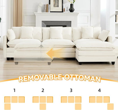111'' Sectional Cloud Deep Seat Couch, Modern Comfy Chenille L Shaped Sectional Sofa for Living Room Set, Upholstered Modular 4-Seats Sofa Couch with Movable Ottoman, Beige