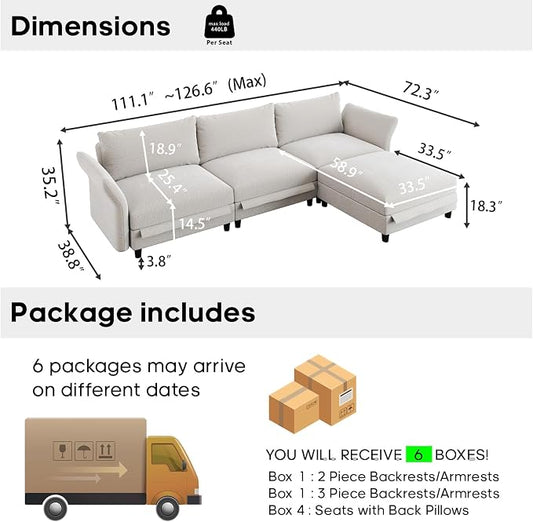 DreamDashio 126" Extra Large Sectional Sofa Cloud Couch with Storage Seat, L Shaped Deep Modular Couches for Living Room with Adjustable Arms, High Backs, 4 Seater, Beige Chenille