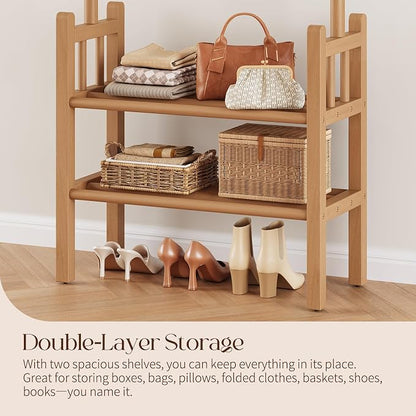 Yoobure Solid Wood Clothing Rack with Shelves - Coat Rack Freestanding with 6 Hooks, 3-in-1 Hall Tree for Hanging Clothes, Tall Garment Racks with Storage for Bedroom, Entryway, Living Room, Closet