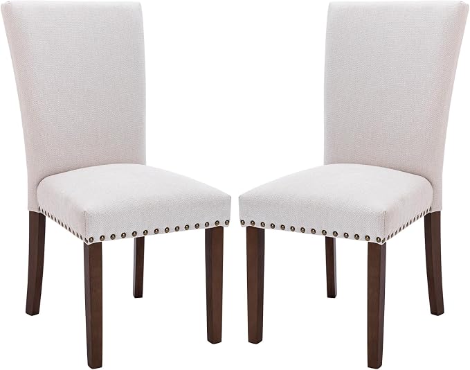 MALOL COLAMY Upholstered Parsons Dining Chairs Set of 2, Fabric Kitchen Side Chairs with Nailhead Trim and Wood Legs, Dining Room Chairs for Farmhouse Restaurant, Beige
