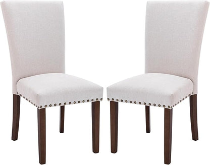 MALOL COLAMY Upholstered Parsons Dining Chairs Set of 2, Fabric Kitchen Side Chairs with Nailhead Trim and Wood Legs, Dining Room Chairs for Farmhouse Restaurant, Beige