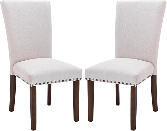 MALOL COLAMY Upholstered Parsons Dining Chairs Set of 2, Fabric Kitchen Side Chairs with Nailhead Trim and Wood Legs, Dining Room Chairs for Farmhouse Restaurant, Beige