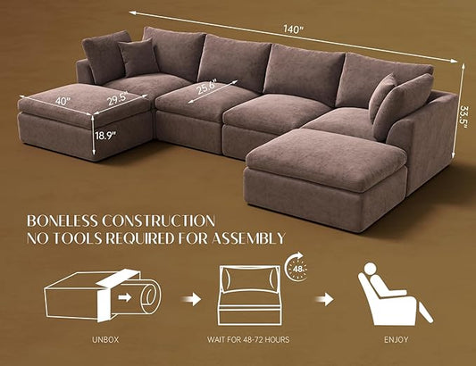 ohllob Oversized Cloud Sectional Couches for Living Room, Boneless U Shaped Couch with Ottoman, 4 Seater Modular Sectional Sofa, Brown