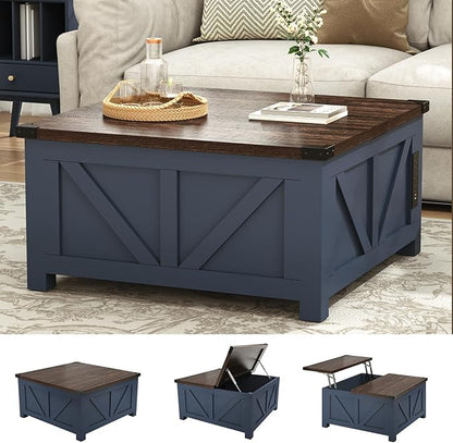 jimeimen Farmhouse Lift Top Coffee Table with Storage, Wood Square Center Table with Charging Station&USB Port, Living Room Table w/Large Hidden Space, for Living Room, Bedroom, Home Office, Blue