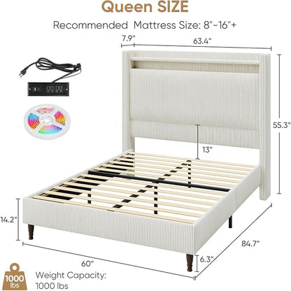 Queen Bed Frame with Tall Headboard, 55.3" Upholstered Platform Queen Size Bed Frame, Elegant Corduroy Wingback Bed with LED Lights & Charging Station, No Box Spring Needed, Solid Wood Slats, Cream