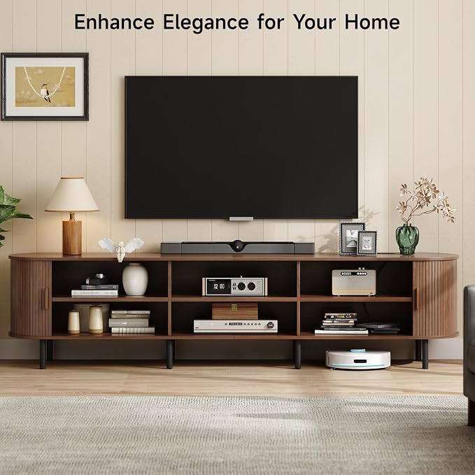 ONBRILL 94.5" TV Stand with Power Outlet for TVs up to 102 Inch, Entertainment Center with Storage and Adjustable Shelves, Modern Media Console with Sliding Doors for Living Room, Walnut
