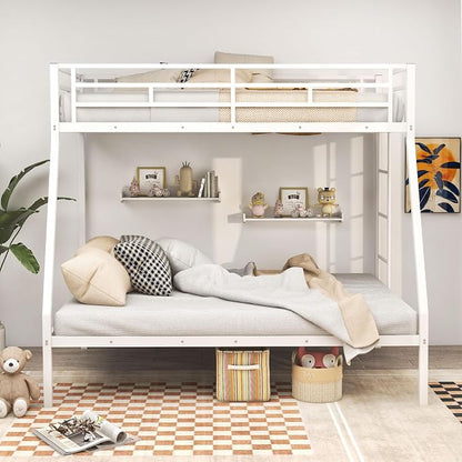 DORTALA Twin Over Full Bunk Bed, Metal Bunk Bed Frame w/Ladder, Safety Rail & Steel Slats, Space-Saving Bunk Beds for Kids Teens Adults, Noise Free for Dorm Bedroom, No Box Spring Needed, White