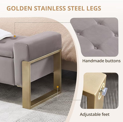 End of Bed Storage Bench, 67'' Benches for Bedroom Foot of Bed King Size, Upholstered Velvet Storage Ottoman Bench with Gold Legs for Window Living Room Entryway, Khaki Grey