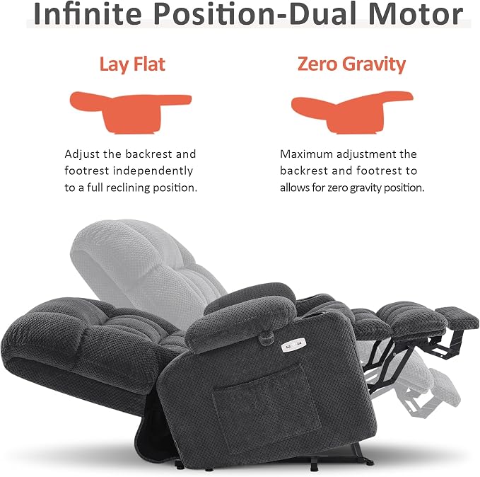 MCombo Small Dual Motor Power Lift Recliner Chair for Petite Elderly, Zero Gravity Lift Chair with Heat and Massage, Infinite Position Lay Flat Recliner, USB Ports, Fabric 7893 (Small, Dark Gray)