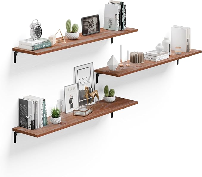 Deep Floating Shelves, 12 Inch Extra Wide Solid Wood Wall Shelves, 48 Inch Long Heavy Duty Wall Mounted Bookshelf for Living Room, Kitchen and Bedroom, Set of 3 (Brown)